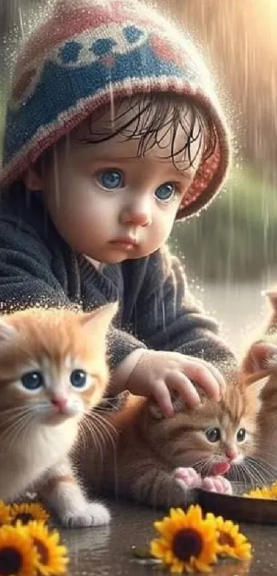 Adorable child with kittens and sunflowers in a rainy setting, showcasing warmth.