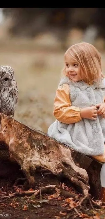 Child with owl on a log in a forest setting, perfect for nature-themed wallpaper.