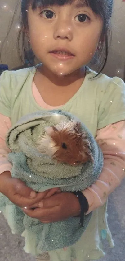 Child holding a guinea pig wrapped in a towel.