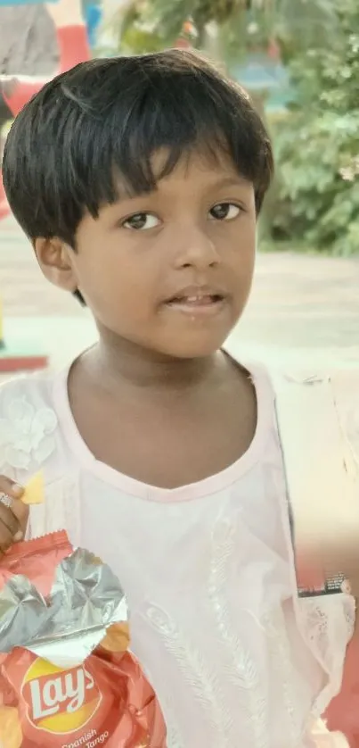 Cute child holding a snack outdoors with a warm background.