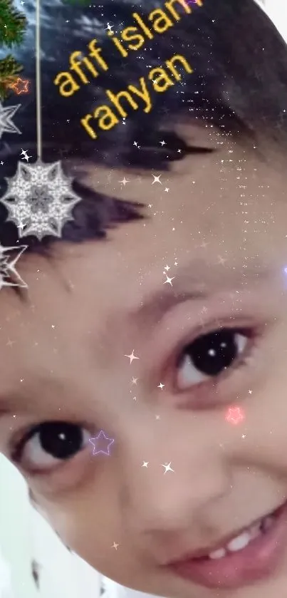 Child's face with a starry, festive overlay design.