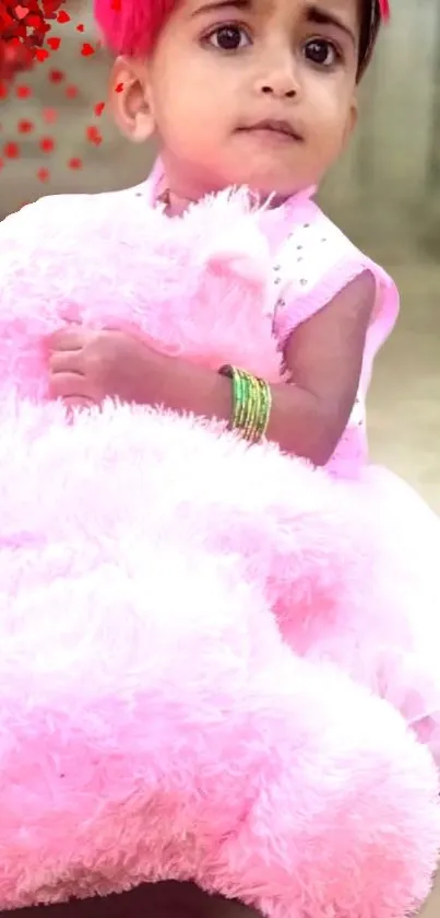 Smiling child with pink teddy bear in cute wallpaper.