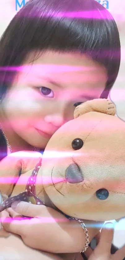 Child hugging a teddy bear with pink light effect.