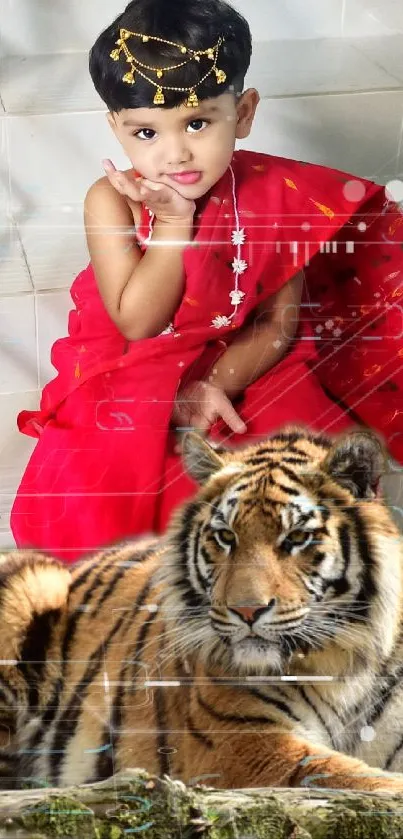 Child in traditional dress with tiger art.