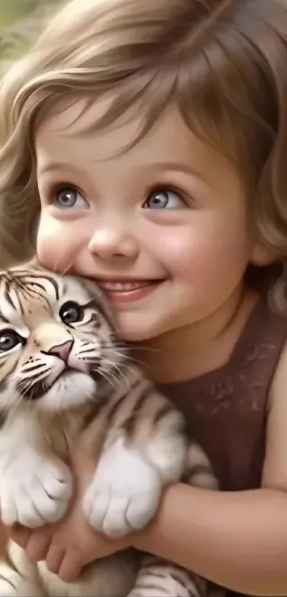 Smiling child holding a tiger cub with a soft and warm background.