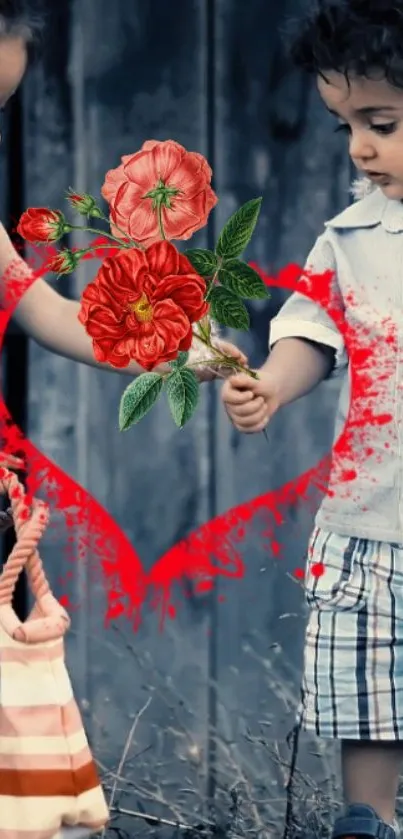 Two children with red roses and heart on dark background.