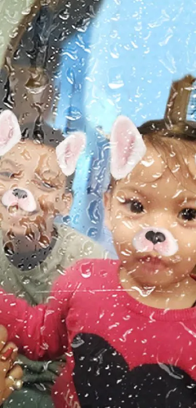 Adorable children with animal ears and raindrops on the mobile wallpaper.