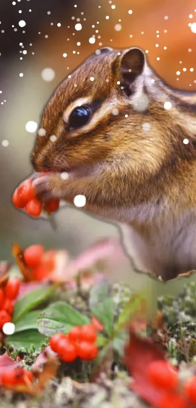 Chipmunk enjoys red berries amidst a snowy backdrop.