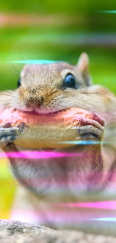 Adorable chipmunk with a peanut in vibrant green setting.