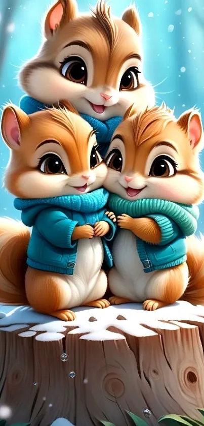 Adorable cartoon chipmunks in winter setting.