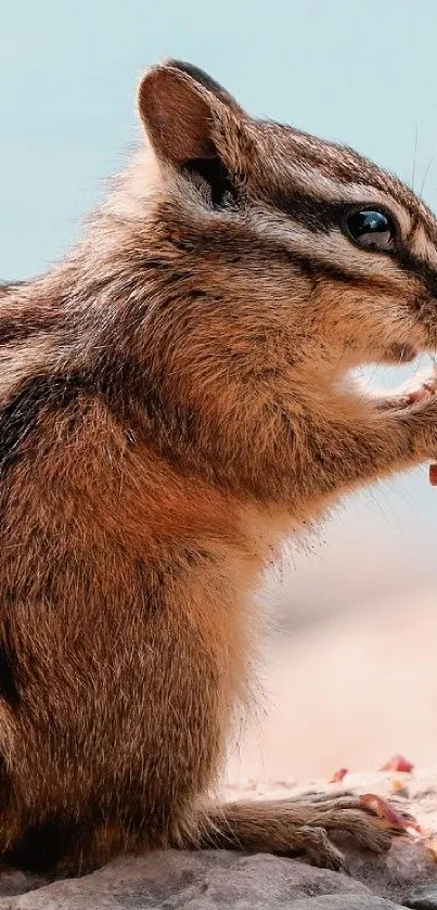 Adorable chipmunk holding food in nature setting.