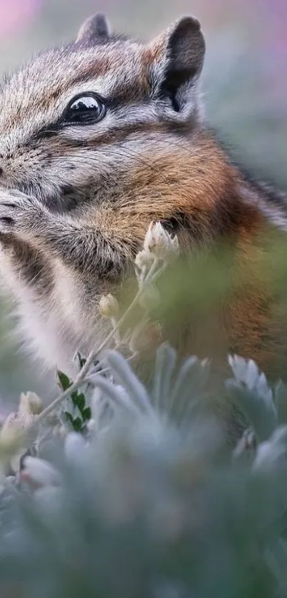 Chipmunk in soft focus nature with pastel colors.