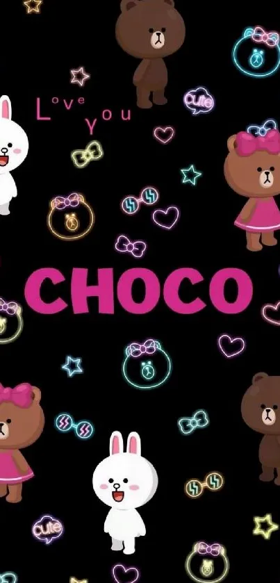 Cute Choco wallpaper with hearts and stars on a black background.