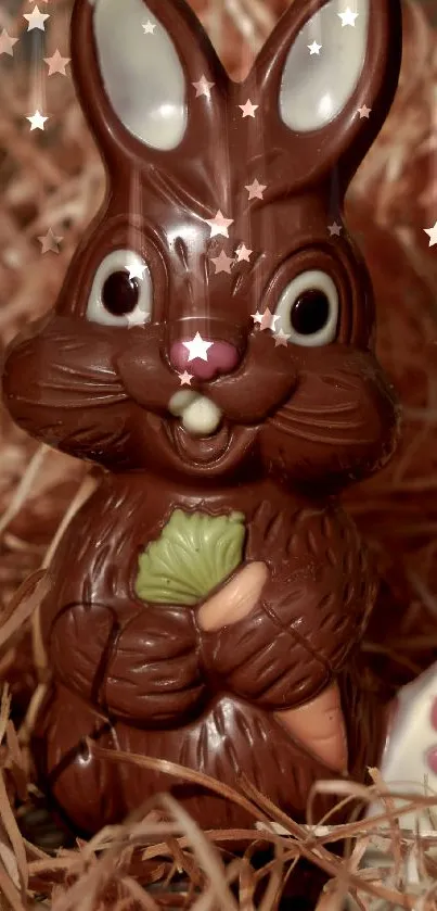 Cute chocolate bunny in hay with carrot on mobile wallpaper.