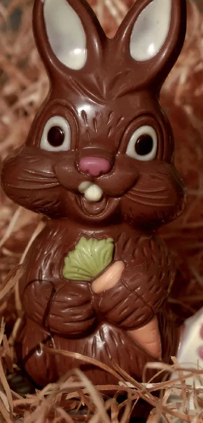 Cute chocolate bunny with carrot in straw background.