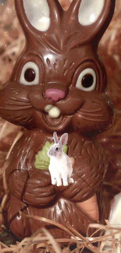 Chocolate bunny with a smaller white rabbit on straw background.