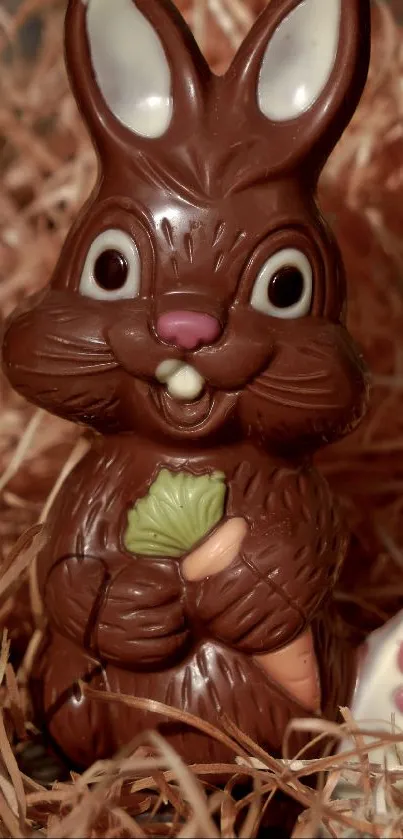 Chocolate bunny with carrot on straw background.