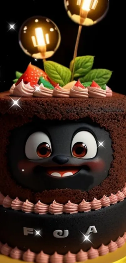 Cute chocolate cake with candles and strawberry decorations.