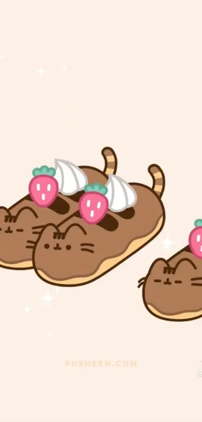 Pusheen as chocolate donuts with strawberries, cute mobile wallpaper.