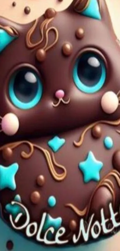 Adorable chocolate cat wallpaper with blue details.
