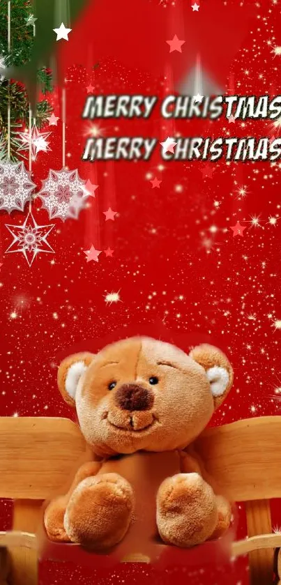 Cute Christmas teddy bear on a red festive background.