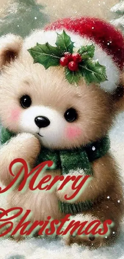 Cute Christmas bear wearing Santa hat with holiday greeting.