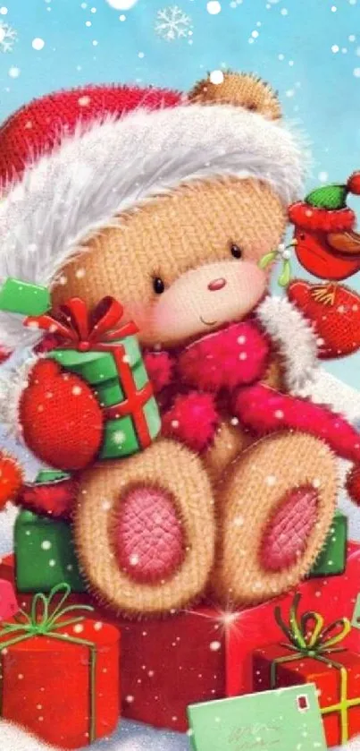 Cute bear in Santa hat with gifts and snow scene.