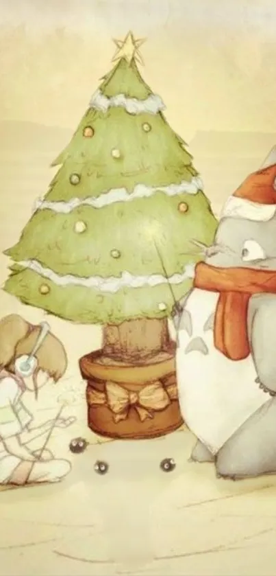 Cartoon Christmas scene with tree and character