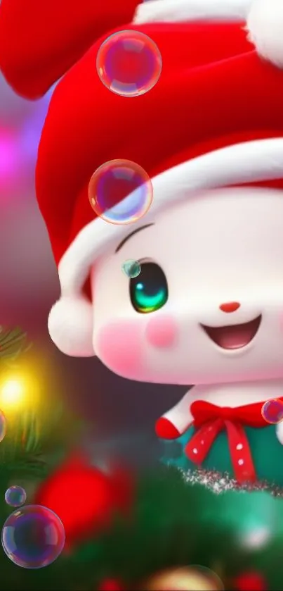 Cute cartoon character in Santa hat, surrounded by festive bubbles.