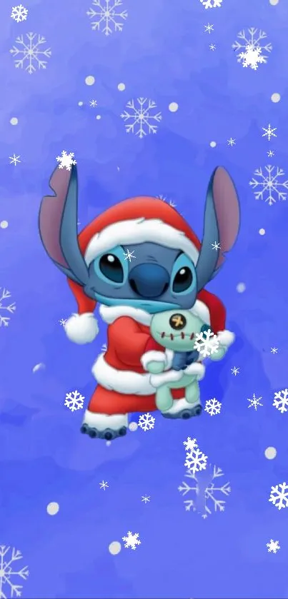 Adorable cartoon character in Santa outfit with blue snowflake background.