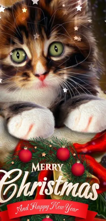 Cute kitten in a Christmas-themed mobile wallpaper with decorations.