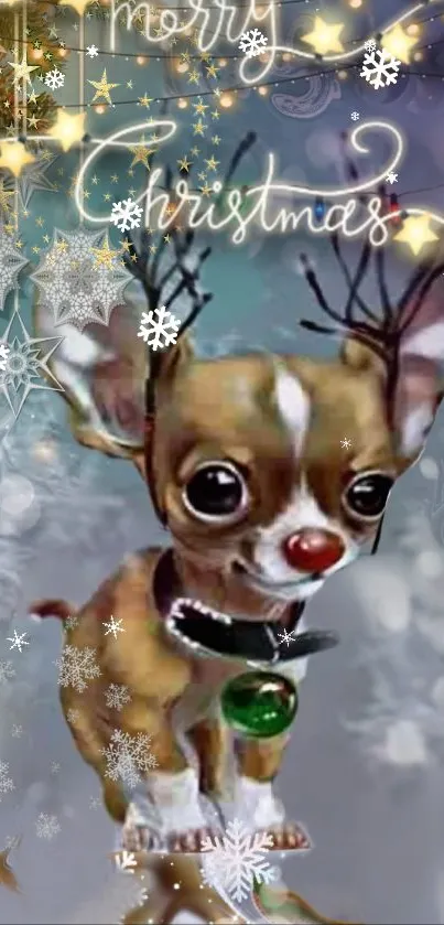 Cute Chihuahua with antlers in festive Christmas setting.