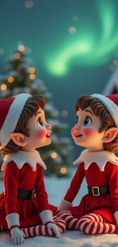 Christmas elves with aurora backdrop illustration.