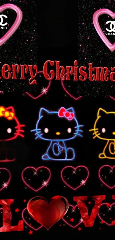 Hello Kitty Christmas mobile wallpaper with colorful outlines and love hearts.