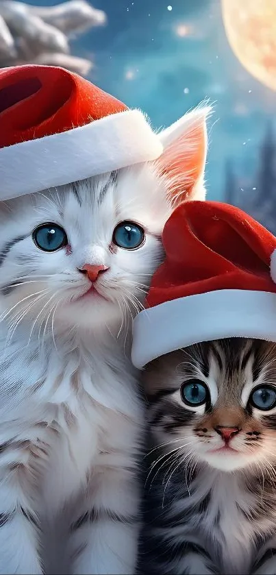 Two cute kittens in Santa hats on a snowy night.