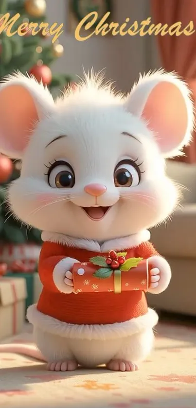 Adorable Christmas mouse with present, festive scene.