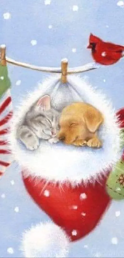 Christmas wallpaper with cute kitten and puppy in Santa hat.