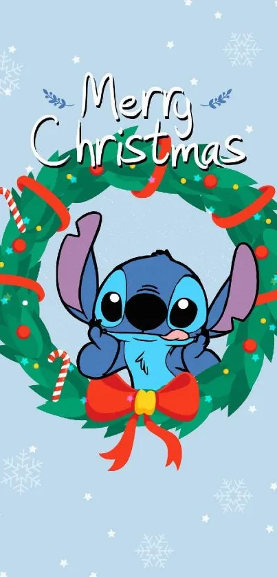 Cute Christmas wallpaper with Stitch and festive wreath.