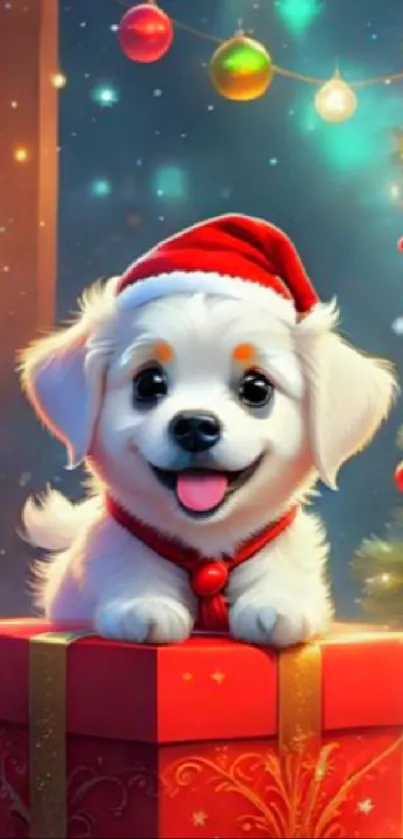 Cute Christmas puppy with red hat and gifts.