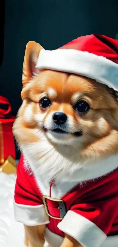 Adorable puppy in Santa suit with Christmas theme.