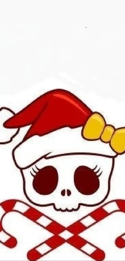 Festive skull wearing Santa hat with candy canes.