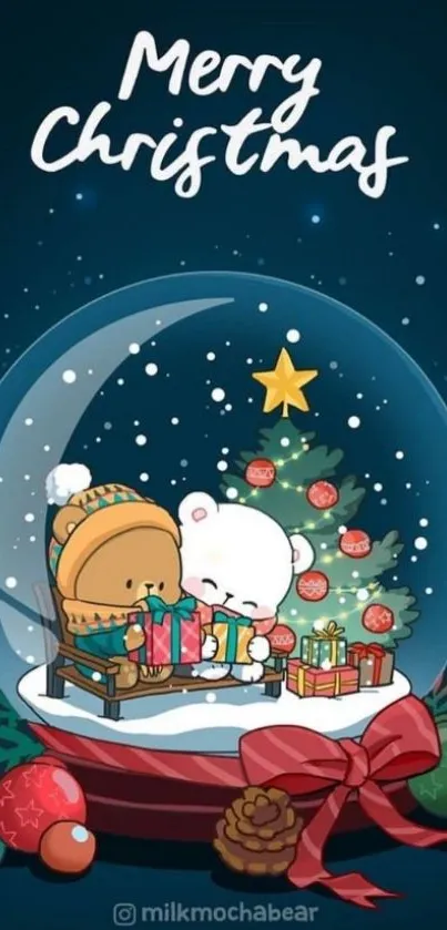 Adorable Christmas bears in snow globe with gifts.