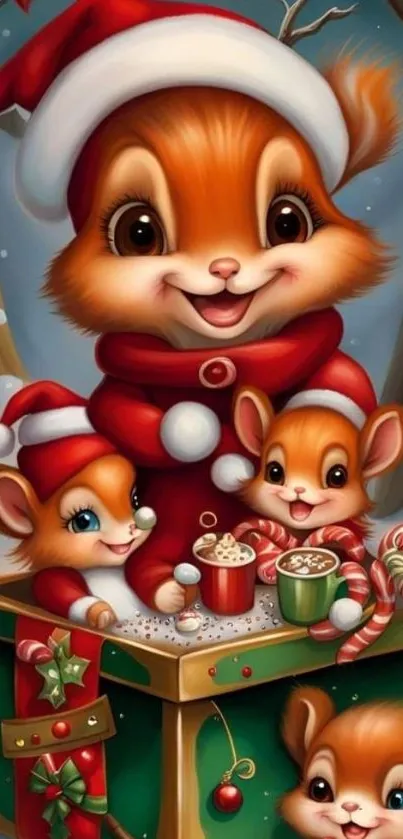 Cute Christmas squirrels with cocoa in festive outfits.