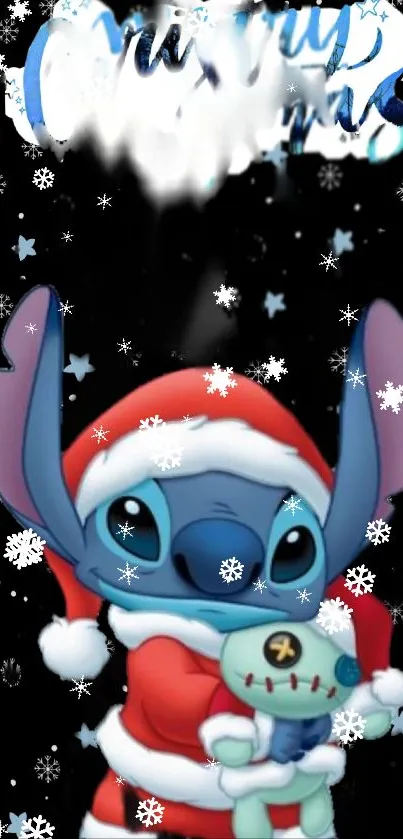 Stitch in a Santa suit with snowflakes on a festive black background.