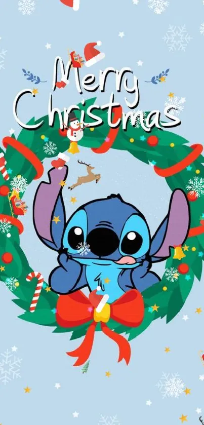 Stitch Christmas wallpaper with wreath and candy canes on light blue background.