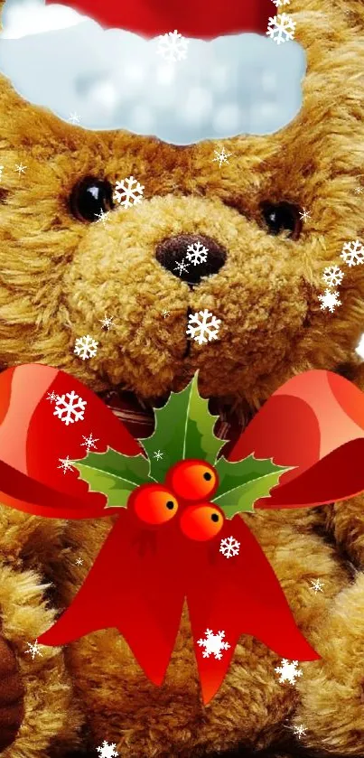 Adorable teddy bear with Santa hat and bow, perfect for Christmas wallpaper.