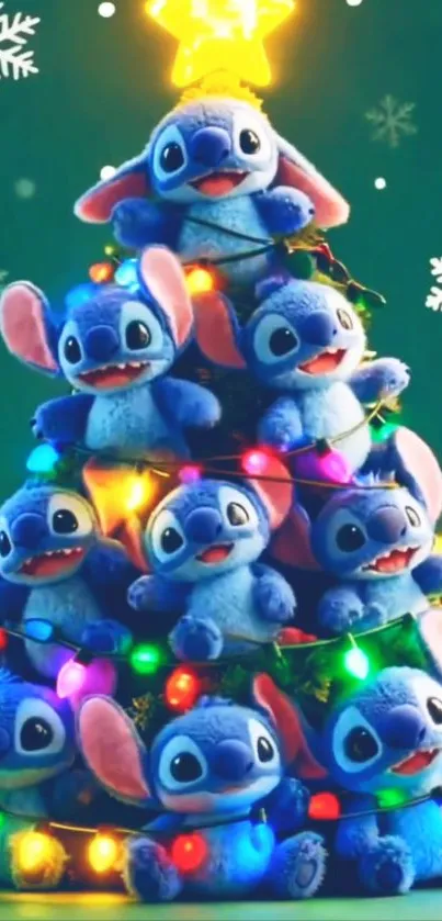 Plush characters stacked as a festive Christmas tree with colorful lights.