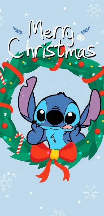 Cute blue character in a Christmas wreath on a light blue background.