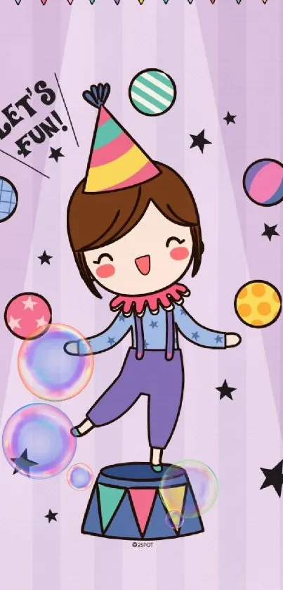 Cute circus performer cartoon wallpaper with pastel colors.