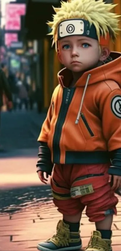 Chibi-style child in orange jacket in a city street.